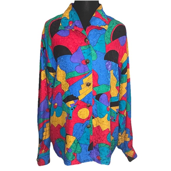 Vtg Adrianna Papell 100% Silk Blouse Sz 10 Abstract Psychedelic Print Button Up - Picture 1 of 8